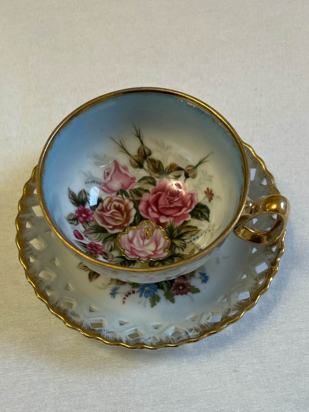 Vintage Iridescent Lusterware Moriage Footed Teacup Reticulated Saucer Pink Rose